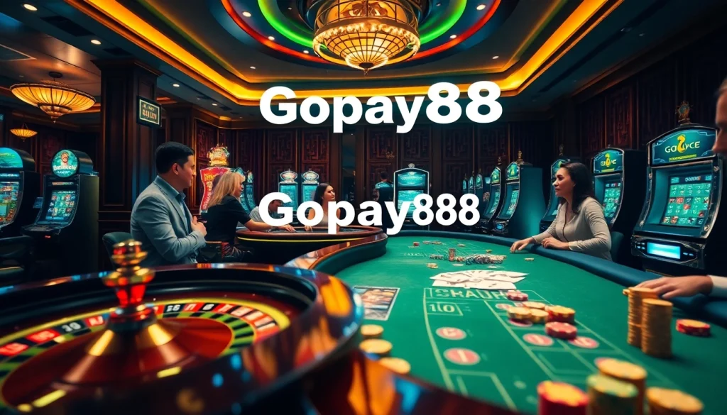 Experience the excitement of Gopay88 with vibrant casino elements like roulette, poker, and slot machines.
