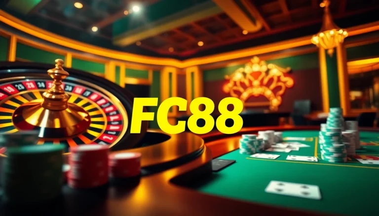 Experience excitement at FC88 with vibrant casino tables and spinning roulette wheels.