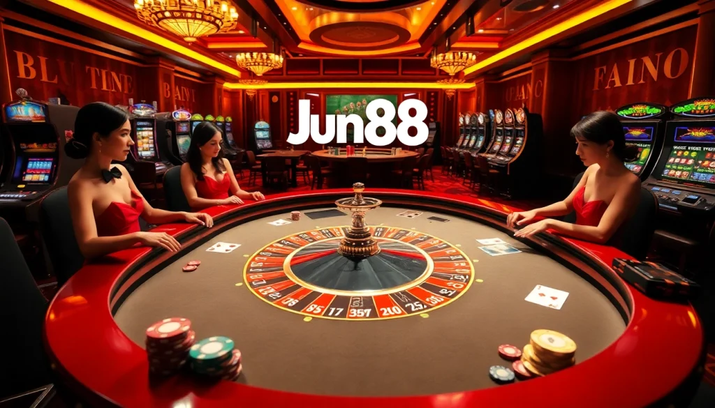 Players enjoying an exciting roulette game at Jun88 casino, filled with vibrant table elements.