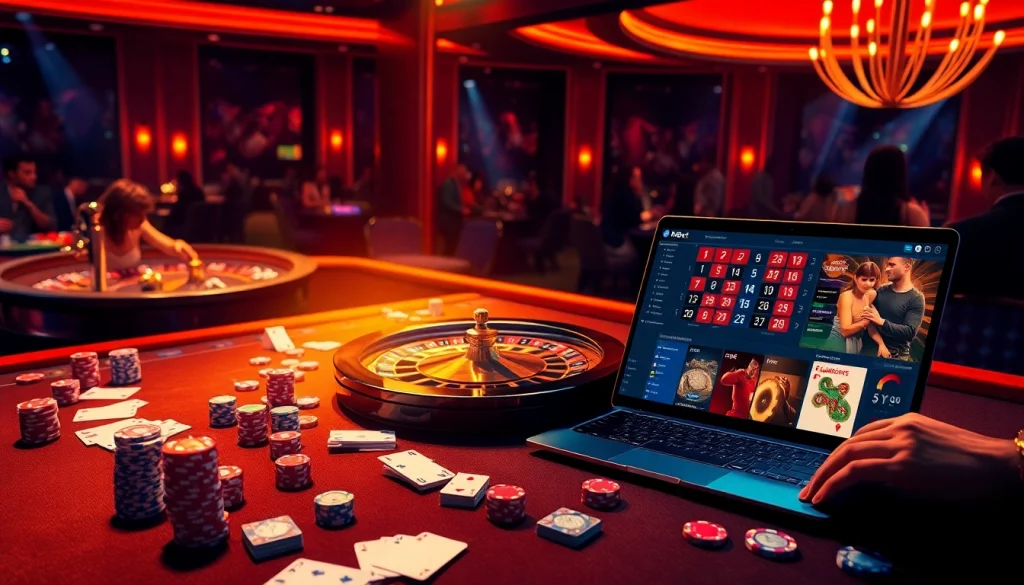 Engaging players experience thrilling games at F8bet casino, featuring poker tables and roulette wheels.