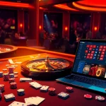 Engaging players experience thrilling games at F8bet casino, featuring poker tables and roulette wheels.