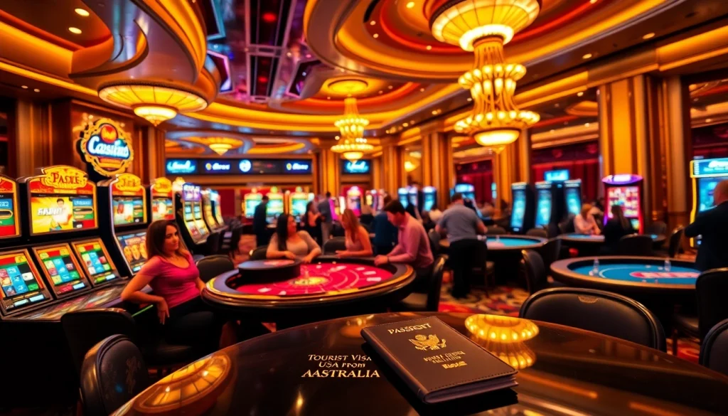 Engage in excitement at a casino featuring lively tables as patrons explore the tourist visa USA from Australia.