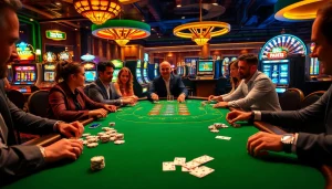 Players strategize at the b52club poker table amidst a vibrant casino atmosphere.