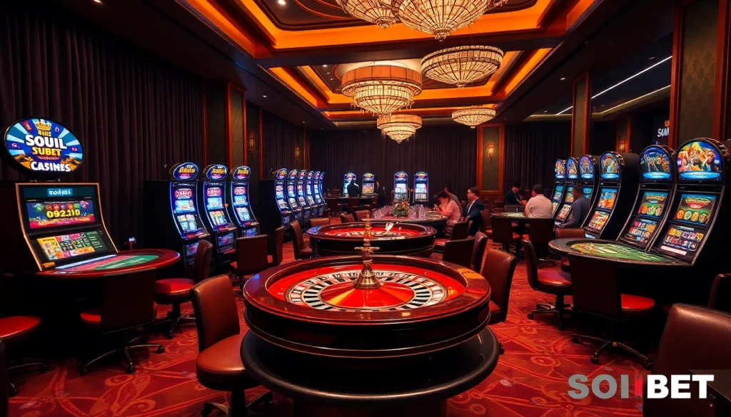 Players enjoying an engaging game experience at https://soibet.vision/ casino, highlighted by vibrant slots and roulette.