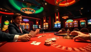 Engaged players at the 8kbet casino table enjoying high-stakes poker with vibrant scenery.