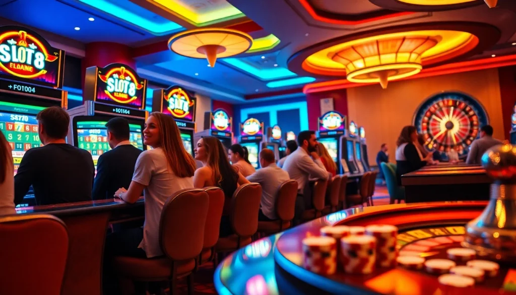 SLOTS8 vibrant slot machines in an exciting casino scene with diverse players.