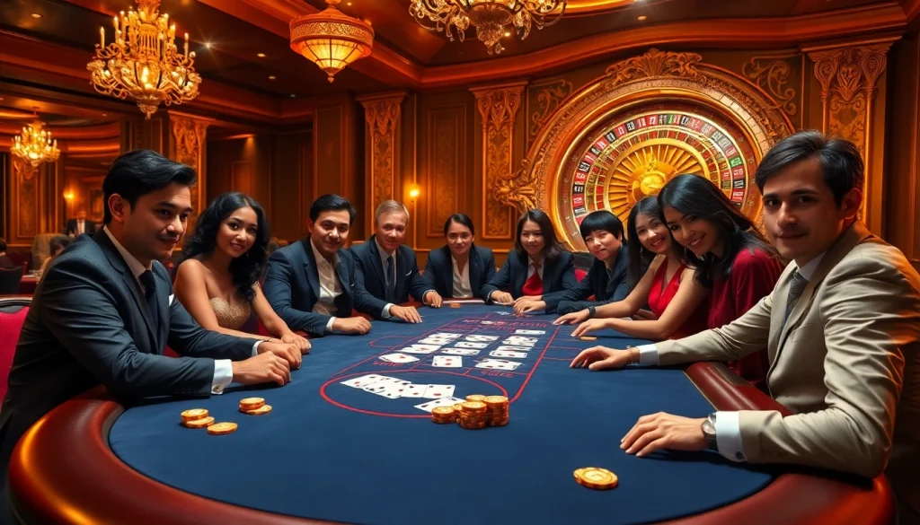 Players engage in high-stakes poker at BK8's luxurious casino table, showcasing thrilling gambling action.