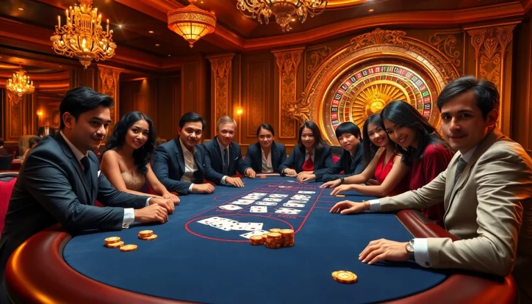 Players engage in high-stakes poker at BK8's luxurious casino table, showcasing thrilling gambling action.
