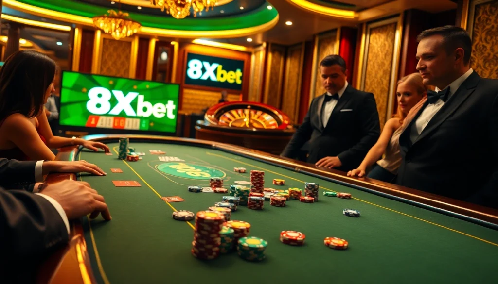 Players engaging in high-stakes poker at a luxurious casino, showcasing 8Xbet branding.