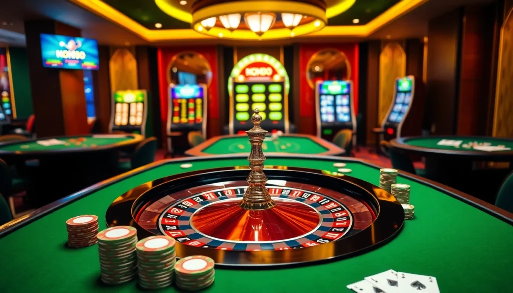 Engage in thrilling gameplay at NOHU90 with vibrant casino tables, roulette wheels, and poker chips.