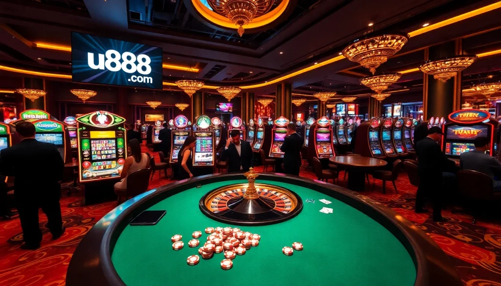 Engaging scene of u888 com's luxurious casino environment, featuring roulette and slot machines.