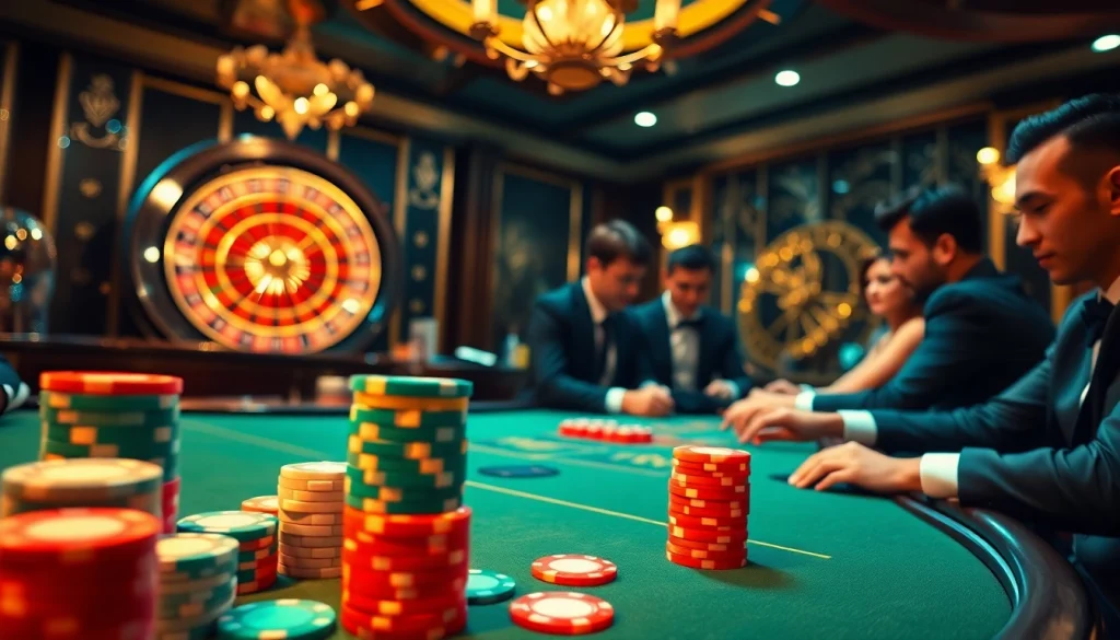 Experience thrilling action at the NK88 casino table with vibrant poker chips and a spinning roulette wheel.