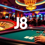 J8's vibrant casino scene showcasing players engaging in poker and roulette.