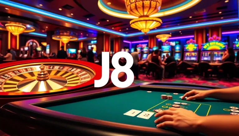 J8's vibrant casino scene showcasing players engaging in poker and roulette.