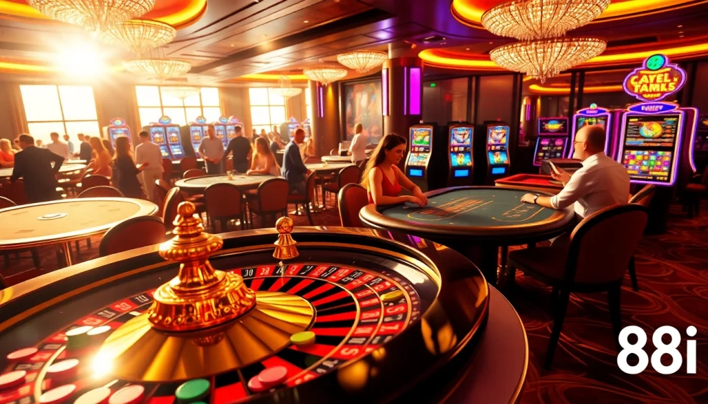 Exciting casino gaming experience at 88i with spinning roulette wheel and vibrant slot machines.