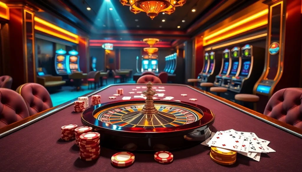 Experience the thrill of BJ38 with engaging gambling elements like casino tables and vibrant poker chips.
