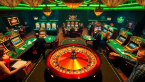Hitclub's exciting casino scene with vibrant tables, roulette wheel, and eager gamblers at play.
