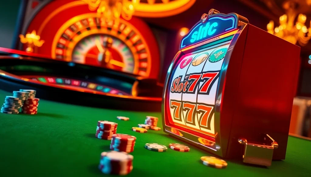 Engaging scene of a slot777 themed slot machine in a luxurious casino setting.