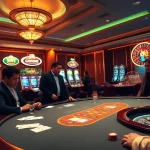 Action-packed scene of gambling at go99.com with poker, roulette, and vibrant slot machines.