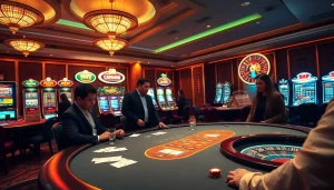 Action-packed scene of gambling at go99.com with poker, roulette, and vibrant slot machines.