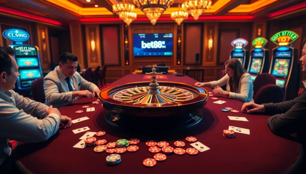 Bet88vn gamblers excitedly placing bets at a vibrant casino table with roulette and poker.