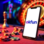 Engaging scene showcasing the app okfun on a smartphone with casino elements like poker chips and a roulette wheel.