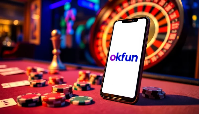Engaging scene showcasing the app okfun on a smartphone with casino elements like poker chips and a roulette wheel.