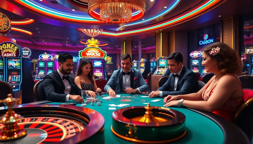 C168 COM players engaging at a poker table in a vibrant casino setting with vivid slot machines.