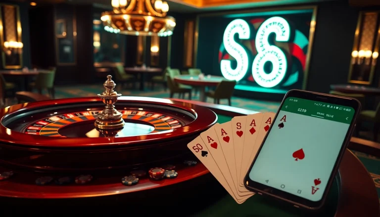 S8 casino scene with roulette table, poker cards, and a smartphone app display.