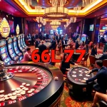 Gamblers enjoying their time at the casino with 6L777 branded slot machines and poker tables.