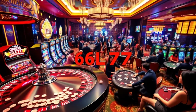 Gamblers enjoying their time at the casino with 6L777 branded slot machines and poker tables.