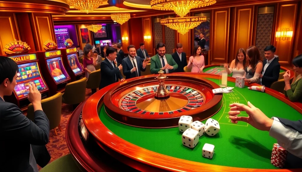 Excited players enjoying a thrilling casino experience at https://bet88fun.net/ with roulette, slots, and poker tables.