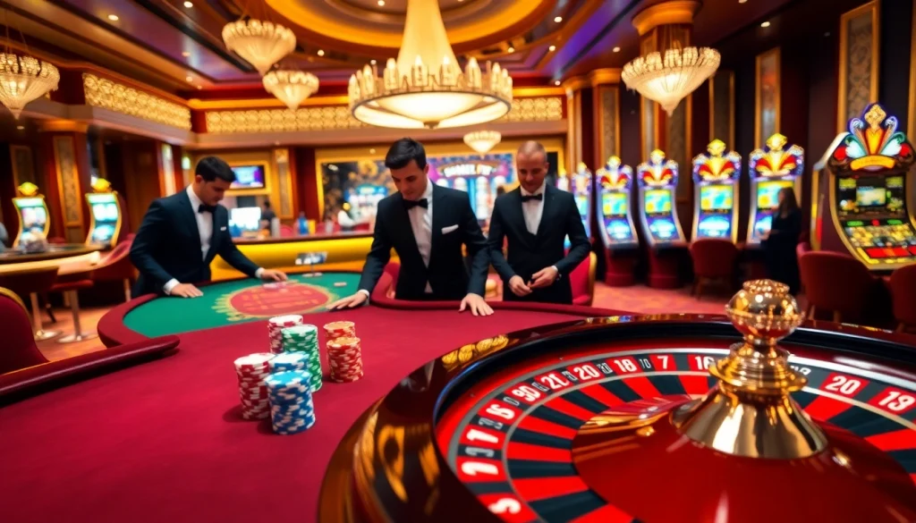 Experience the thrill of go88 with vibrant casino action featuring a luxurious baccarat table and animated slot machines.