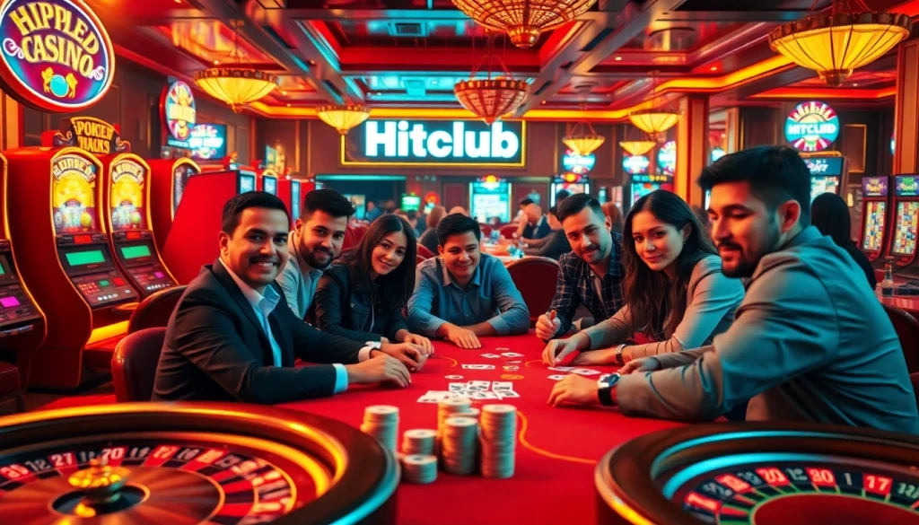Hitclub poker players strategizing over high-stakes cards in an elegant casino atmosphere.