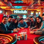 Hitclub poker players strategizing over high-stakes cards in an elegant casino atmosphere.