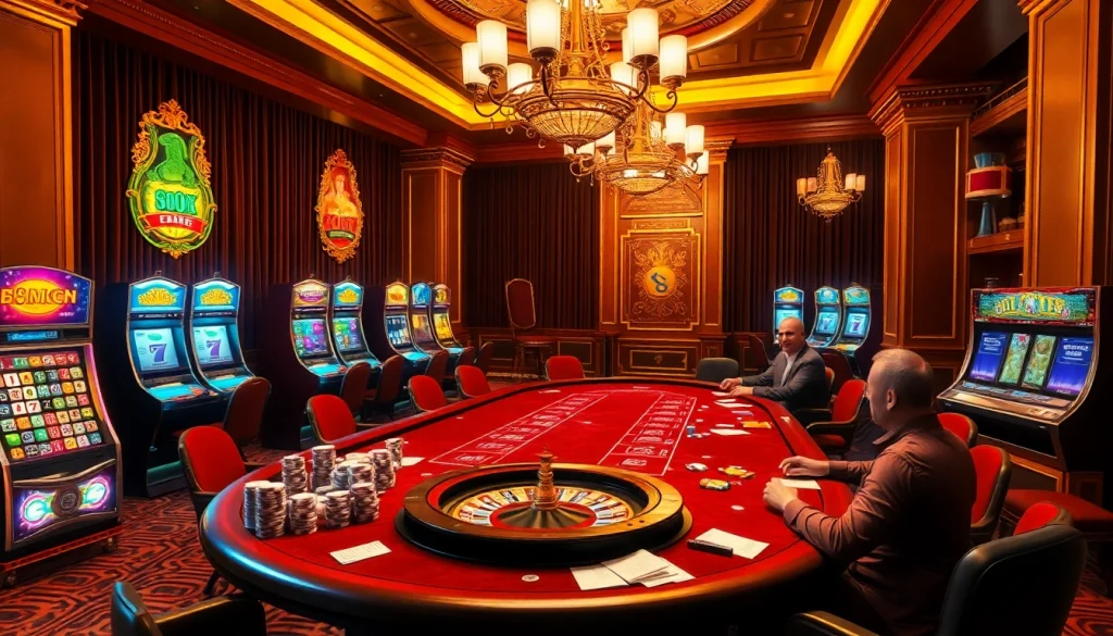 Experience the thrill at 88xx com's glamorous casino with poker tables and slot machines.