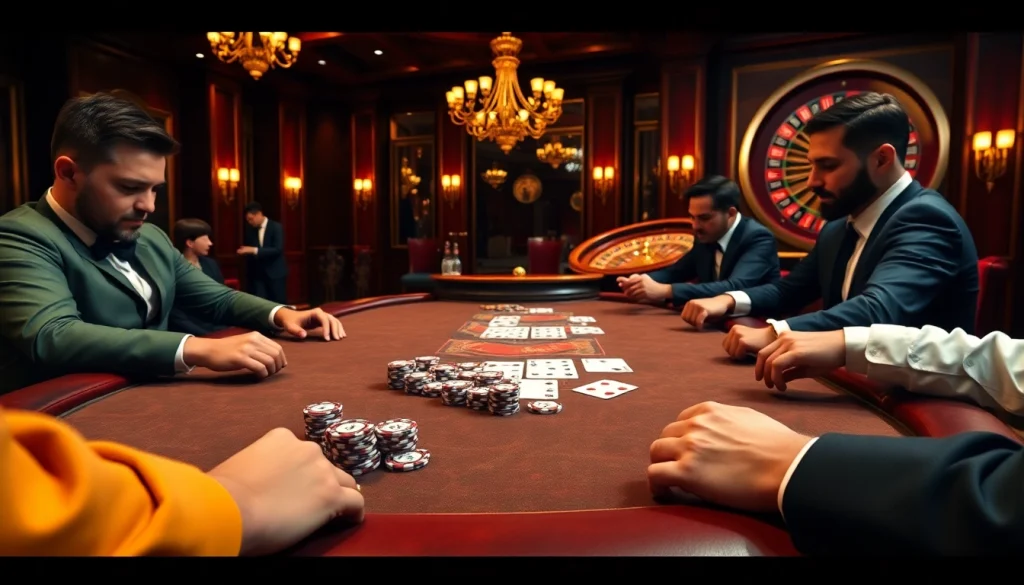 23win casino scene featuring a high-stakes poker game with luxury elements.