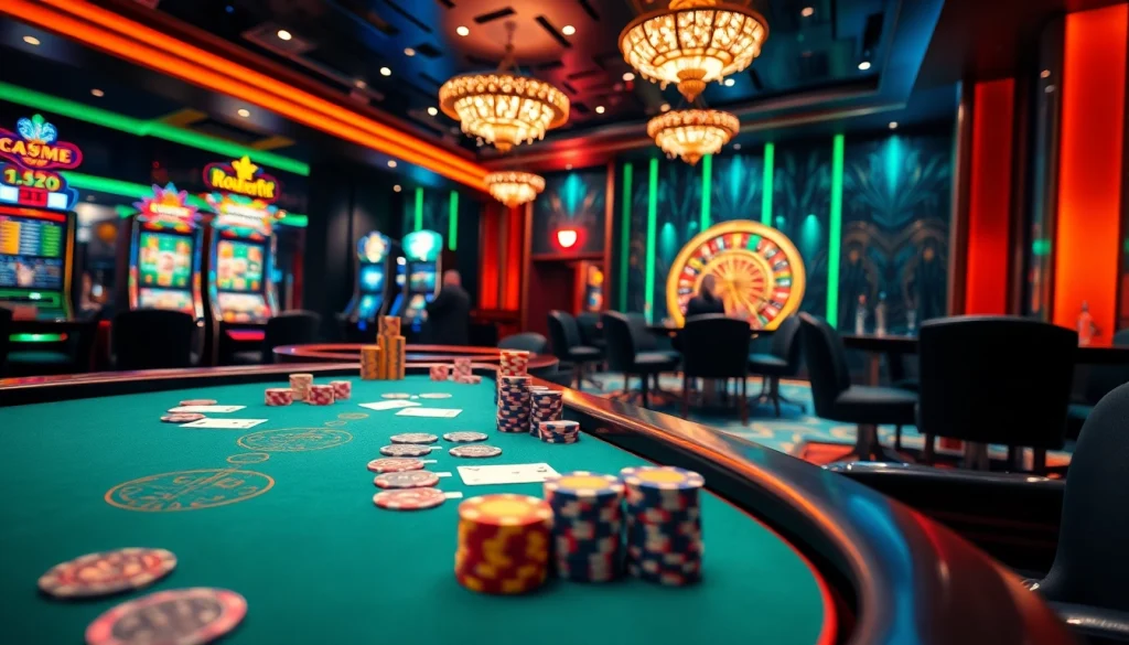Experience game bài đổi thưởng excitement at a luxury casino table filled with chips and cards.