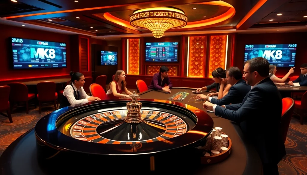 Engaging players at a luxurious MK8 casino table with vibrant chips and roulette wheel.