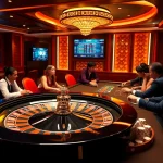 Engaging players at a luxurious MK8 casino table with vibrant chips and roulette wheel.