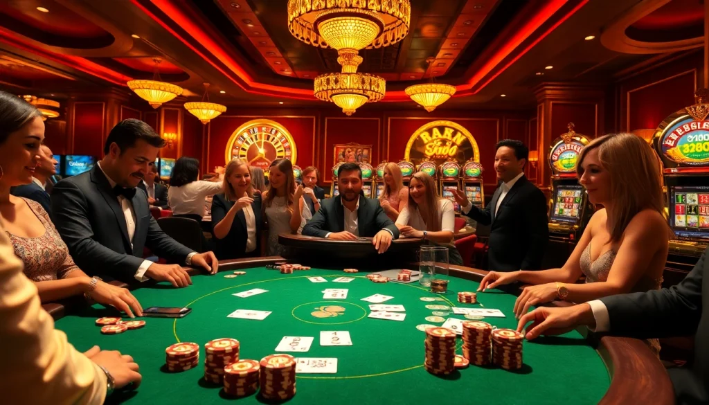 Experience thrilling gameplay with fun79 at a luxurious casino, featuring poker tables, roulette wheels, and slot machines.