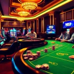 Exciting online gambling scene with MK8 casino elements, featuring poker chips and slot machines.