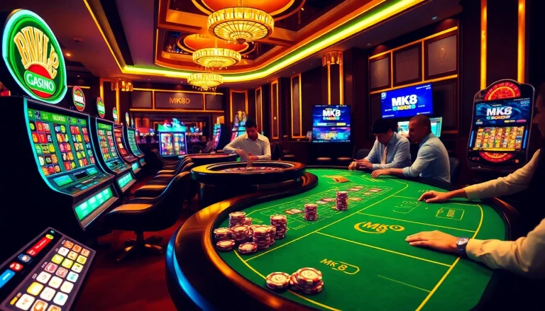 Exciting online gambling scene with MK8 casino elements, featuring poker chips and slot machines.