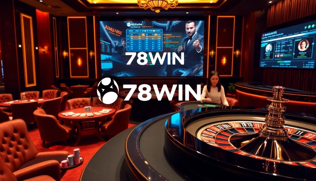 Exciting casino scene showcasing Nhà cái 78WIN with poker chips and a spinning roulette wheel.