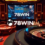 Exciting casino scene showcasing Nhà cái 78WIN with poker chips and a spinning roulette wheel.
