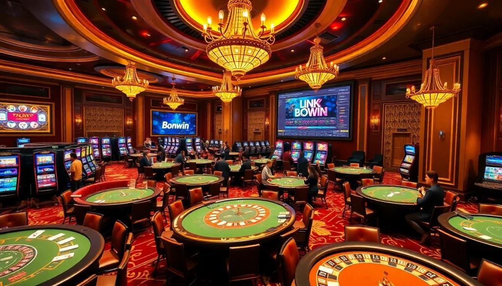 Engage with LINK VÀO Bomwin for an immersive casino experience featuring vibrant gaming tables.