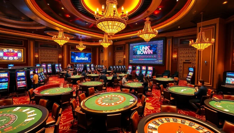 Engage with LINK VÀO Bomwin for an immersive casino experience featuring vibrant gaming tables.