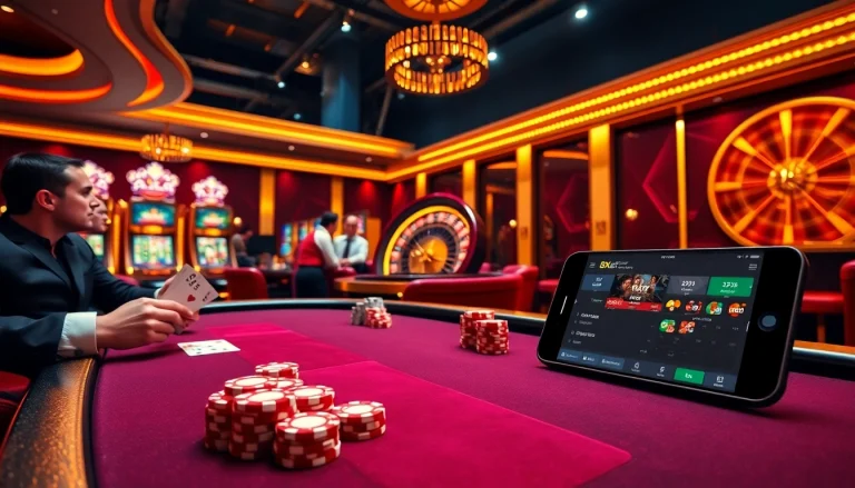Experience the thrilling gameplay at 8xbet with a luxurious casino setup featuring poker and slot machines.