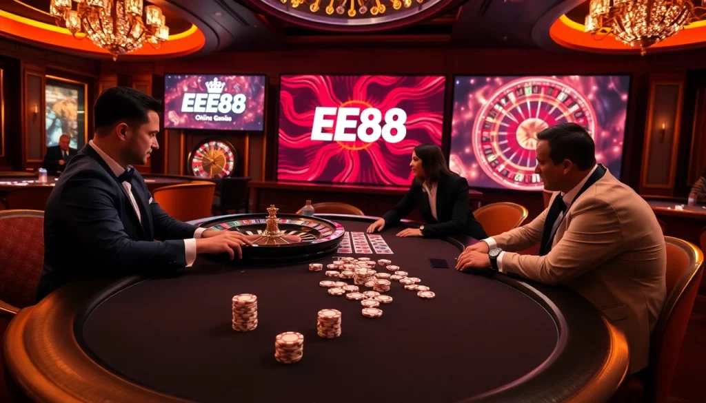 EE88 casino gaming scene with poker chips and players engaged in high-stakes betting.