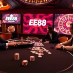 EE88 casino gaming scene with poker chips and players engaged in high-stakes betting.